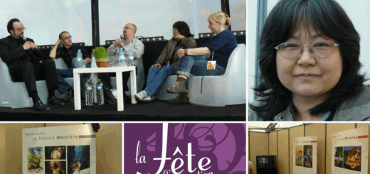 Panel de conférenciers en haut à gauche, l'animatrice Masako Sakano à droite, en dessous le logo de la fête de l'animation et des extraits de l'exposition consacrée à Miyazaki