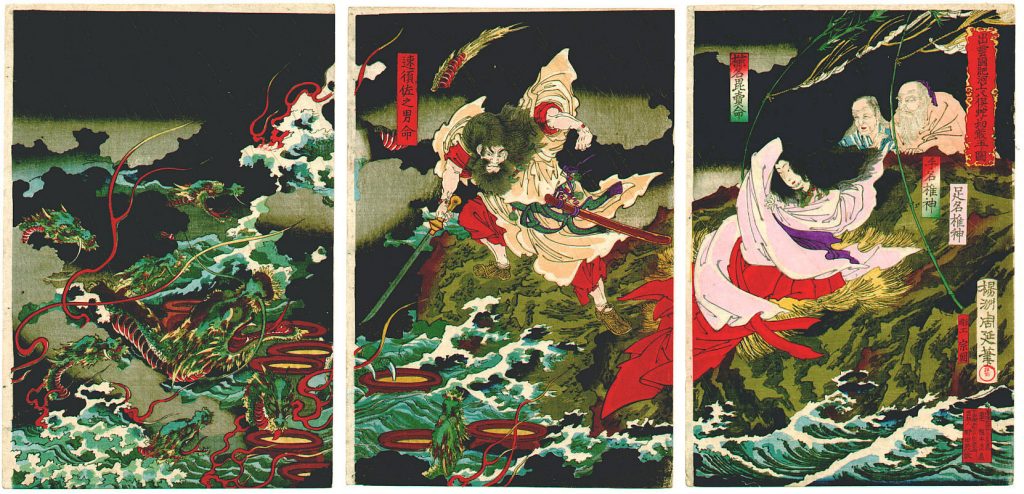 Estampe du combat entre Susanoo et Yamata-no-Orochi par Chikanobu Toyohara Estampe du combat entre Susanoo et Yamata-no-Orochi par Chikanobu Toyohara