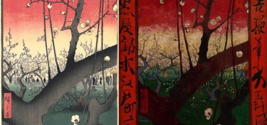 Pruneraie à Kameida, 1857 de Utagawa Hiroshige et Le prunier en fleurs, d'après Hiroshige, 1887 de Vincent Von Gogh