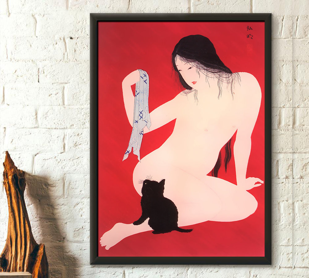 Femme avec un chaton de Takahashi Hiroaki