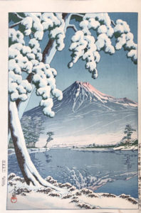 Estampe de HASUI : Temps clair après une chute de neige au Mont Fuji – Baie de Tagonoura