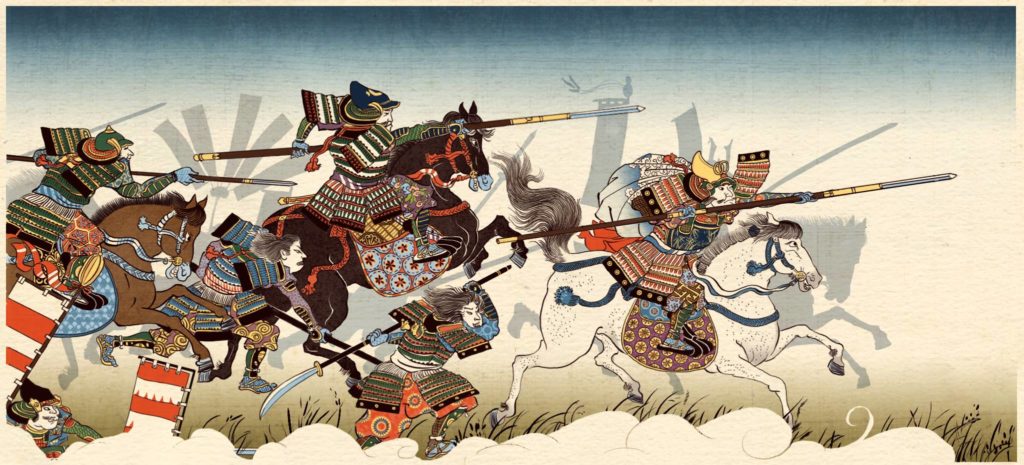 Dessin d'une bataille lors de l'époque Sengoku tiré du jeu Total War : Shogun 2