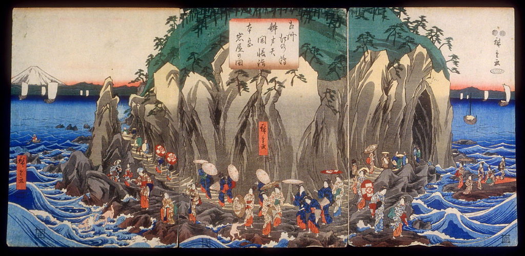 Estampe de Utagawa Hiroshige représentant le pélerinage dans la grotte du sanctuaire de Benzaiten sur l'île d'Enoshima