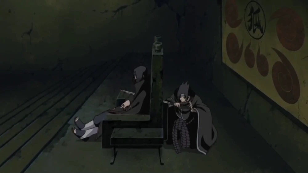 Sasuke qui attaque une illusion d'Itachi dans son repère