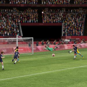 Illustration d'une partie de football dans le jeu vidéo Olympic Games Tokyo 2020