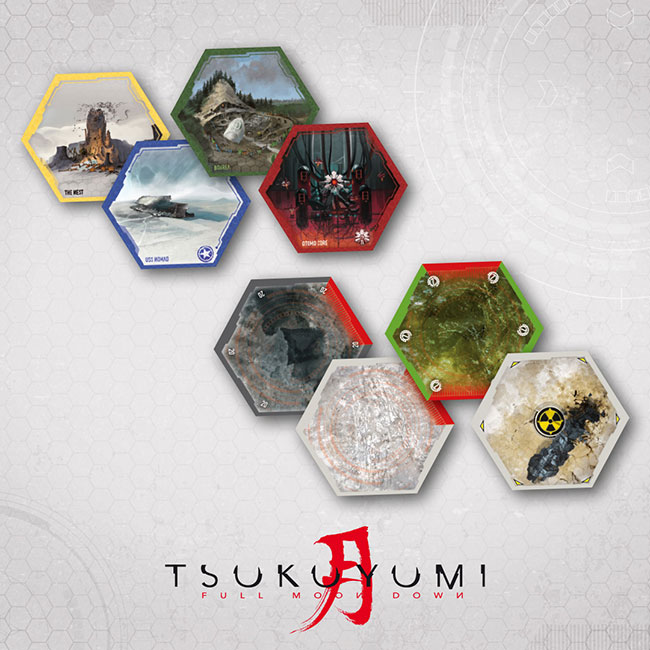 Les zones de départ de chaque faction de base et les différentes sortes de tuiles Zone du plateau