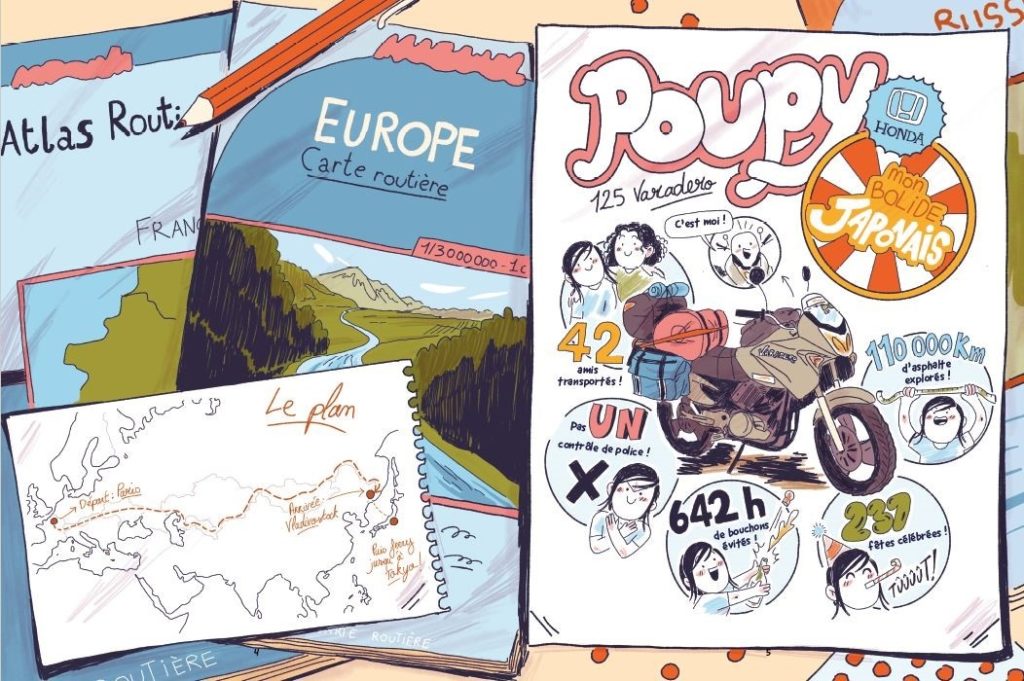 La double page du CV de Poupy, la moto ©Editions Nathan