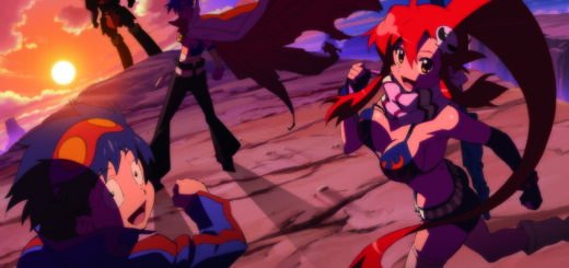 Au premier plan Simon et Yoko, avec Kamina en retrait et un mecha encore plus plus loin sur fond de soleil couchant.