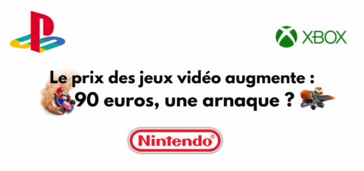 Image illustrant une question sur l'augmentation du prix des jeux vidéo. On y voit les logos des consoles PlayStation, Xbox et Nintendo, accompagnés du texte : "Le prix des jeux vidéo augmente : 90 euros, une arnaque ?". Deux personnages de Mario Kart sont présents, Mario en dérapage à gauche et Bowser Jr. en planeur à droite. Le logo Nintendo est centré en bas de l'image.