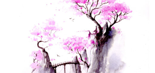 Illustration de cerisiers au sommet de propmontoires, par Olivier Sanfilippo pour le jeu de rôle l'Empire des Cerisiers