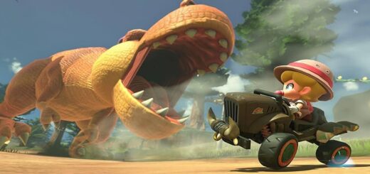 Baby Peach exploratrice au volant d’un kart face à un T.Rex dans Mario Kart World sur Nintendo Switch 2