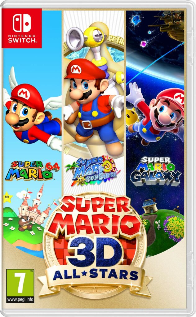 Jacquette de Super Mario 3D All-Stars, montrant les jeux Mario 64, Mario Sunshine et Mario Galaxt 