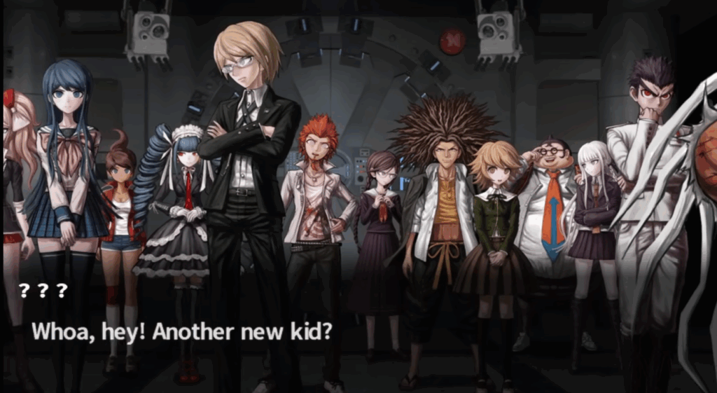 Capture d’écran du jeu Danganronpa Trigger Happy Havoc qui présente l'interface du jeu avec les dialogues et les personnages