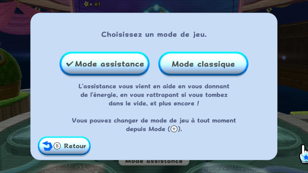 Menu du mode assistance, expliquant qu'en l'utilisant, vous disposez de plus d'énergie, et êtes rattrapés en cas de chute.