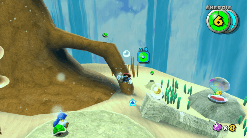 Mario évolue dans l'eau à l'aide d'une carapace verte. Sa réserve d'air est constamment pleine grâce au mode assistant