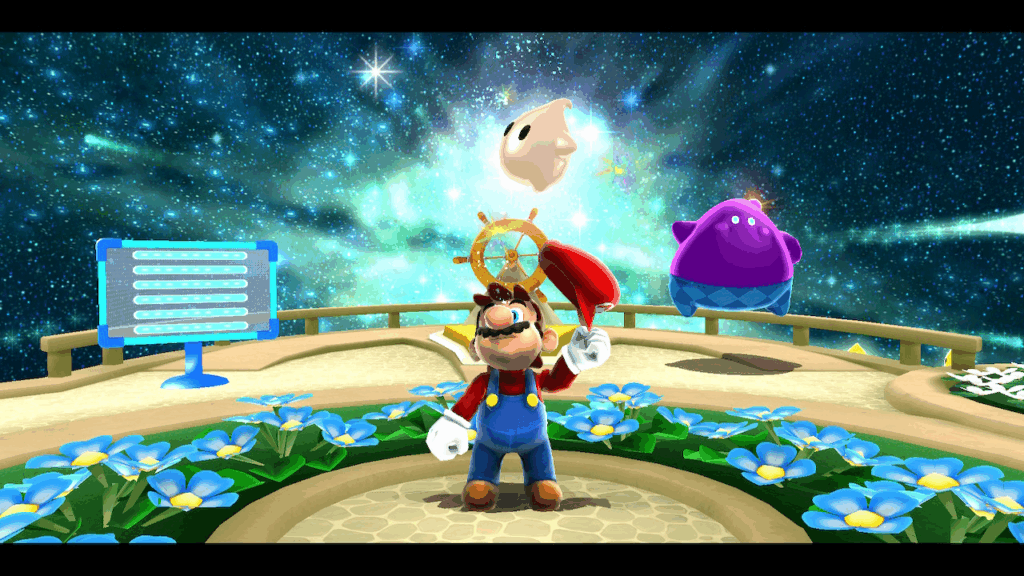 Mario se trouve sur un drôle de vaisseau et retire sa casquette, d'où sort un petit personnage en forme d'étoile