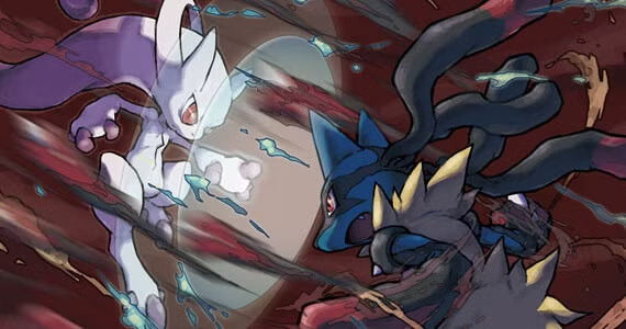 Méga-Mewtwo Y, forme exclusive de Pokémon Y, affronte Méga-Lucario dans un duel emblématique de la 6ᵉ génération. © The Pokémon Company