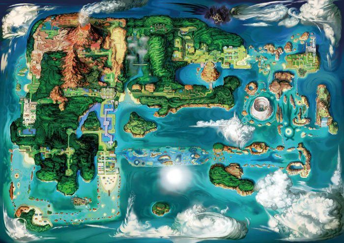 Dans Pokémon Rubis Oméga et Saphir Alpha, la carte de Hoenn dévoile une région remodelée par l’énergie naturelle. © The Pokémon Company
