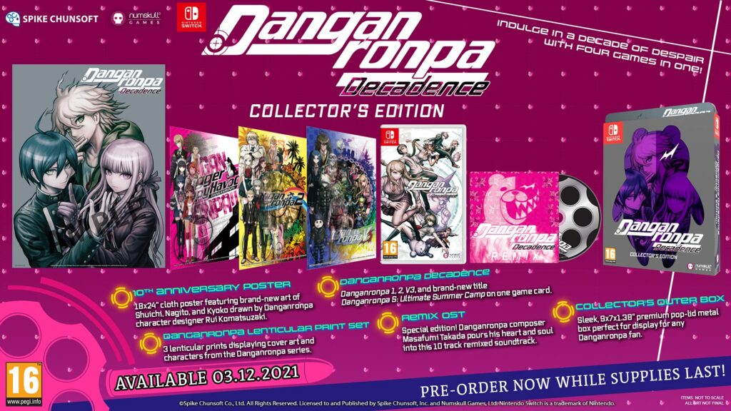 Illustration promotionnelle de l'édition collector de Danganronpa Decadence Édition Collector détaillant le coffret avec illustrations, poster, CD des ost et les jeux Danganronpa