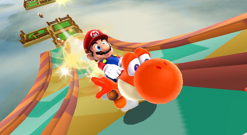 Mario sur le dos de Yoshi. Le dinosaure est orange et monte une pente très raide à toute vitesse