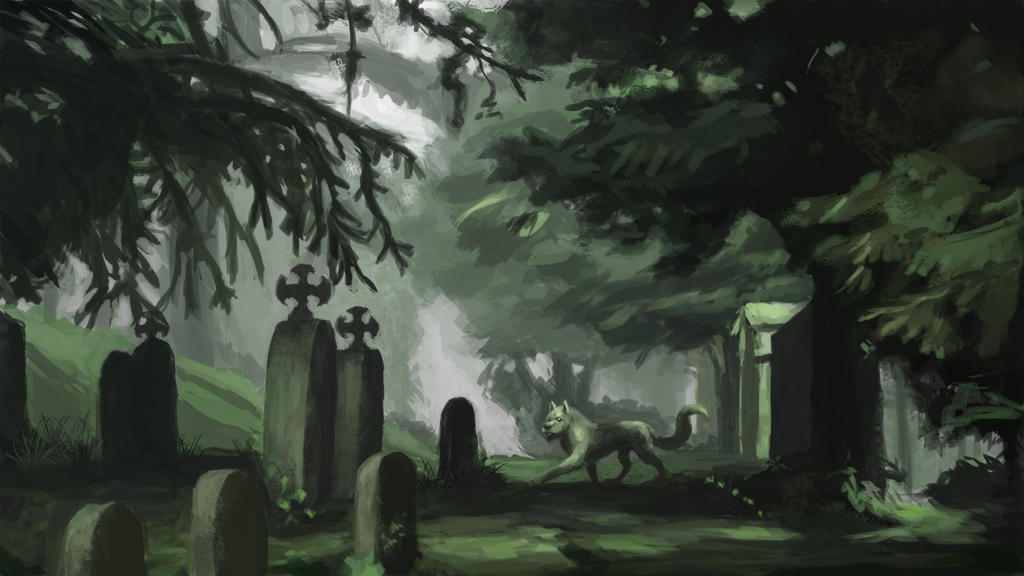 Dessin d'Inari123 montrant le cu sith dans un cimetière.