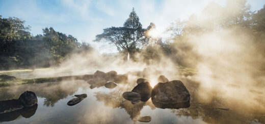 hot spring pool in morning sunrise