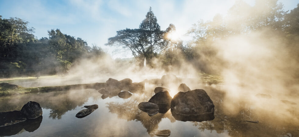 hot spring pool in morning sunrise