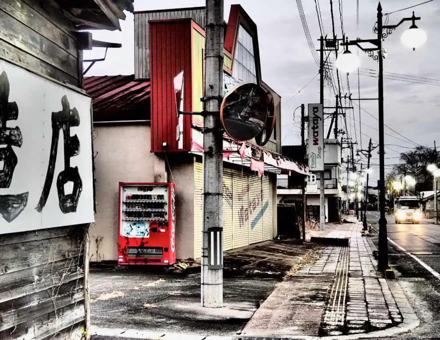 Rue commerçante abandonnée. Au centre, un ancien supermarché aux portes closes. 