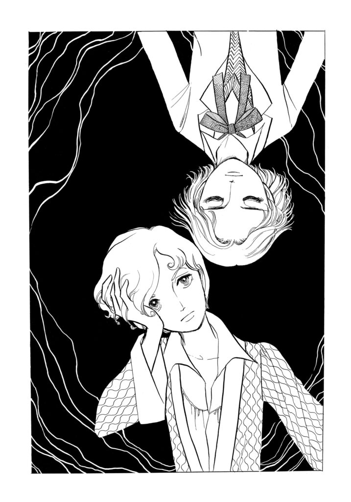 Oscar, yeux ouverts, joue appuyée contre sa main, l'air songeur. Au dessus de lui, tête vers le bas, Julusmole, yeux fermés, l'air endormi