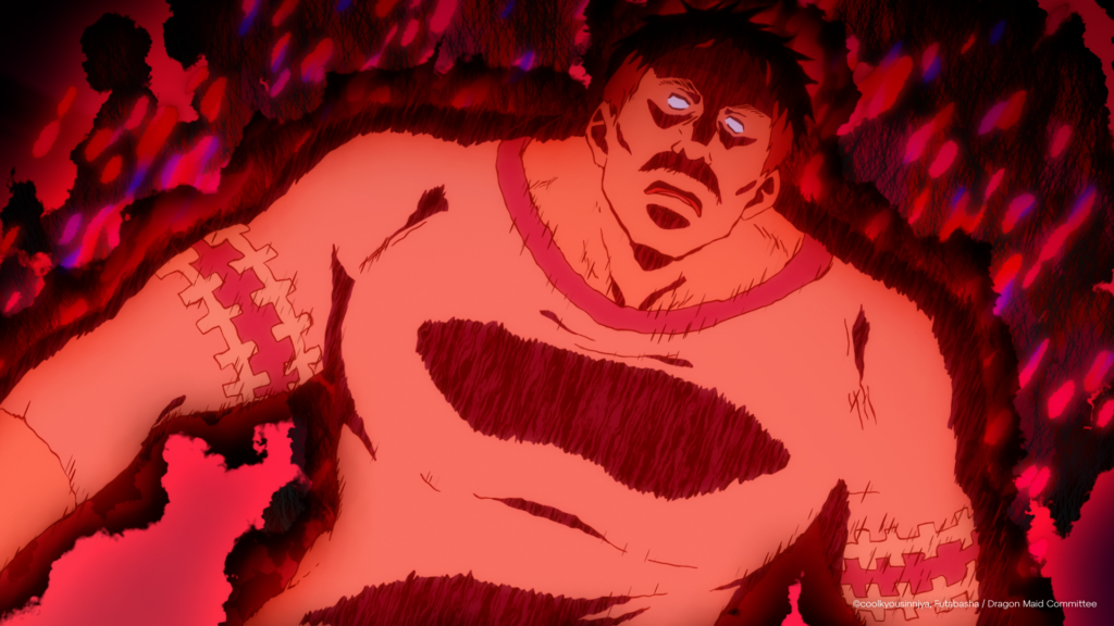 Un homme a la stature massive, portant une tunique normalement blanche. Mais l'aura menaçante qui irradie de lui l'a rendue rouge