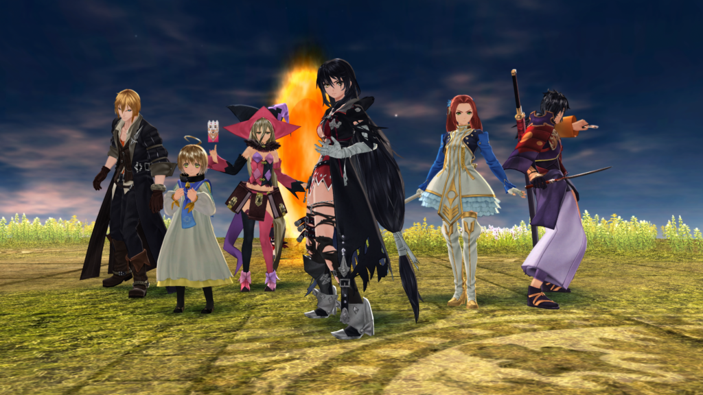 Tales of Berseria - Eizen Laphicet, Magilou, Velvet, Eleanor et Rokurou prêts à se battre.