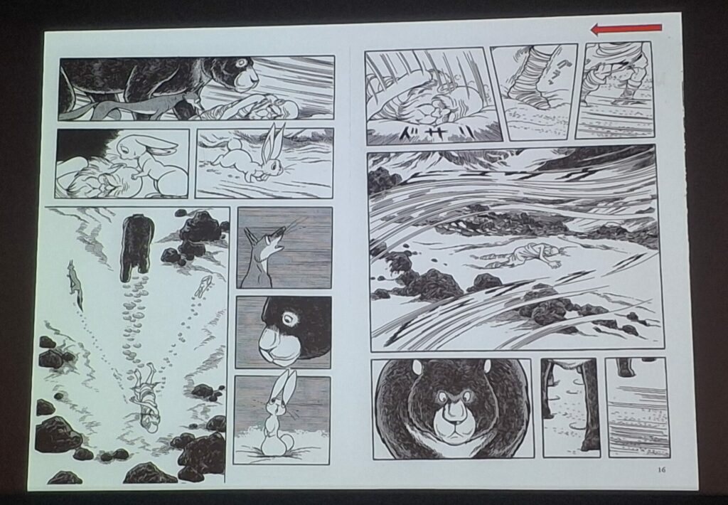 Premières pages de La Vie de Bouddha d'Osamu Tezuka illustrant le conte des origines du lapin sur la Lune
