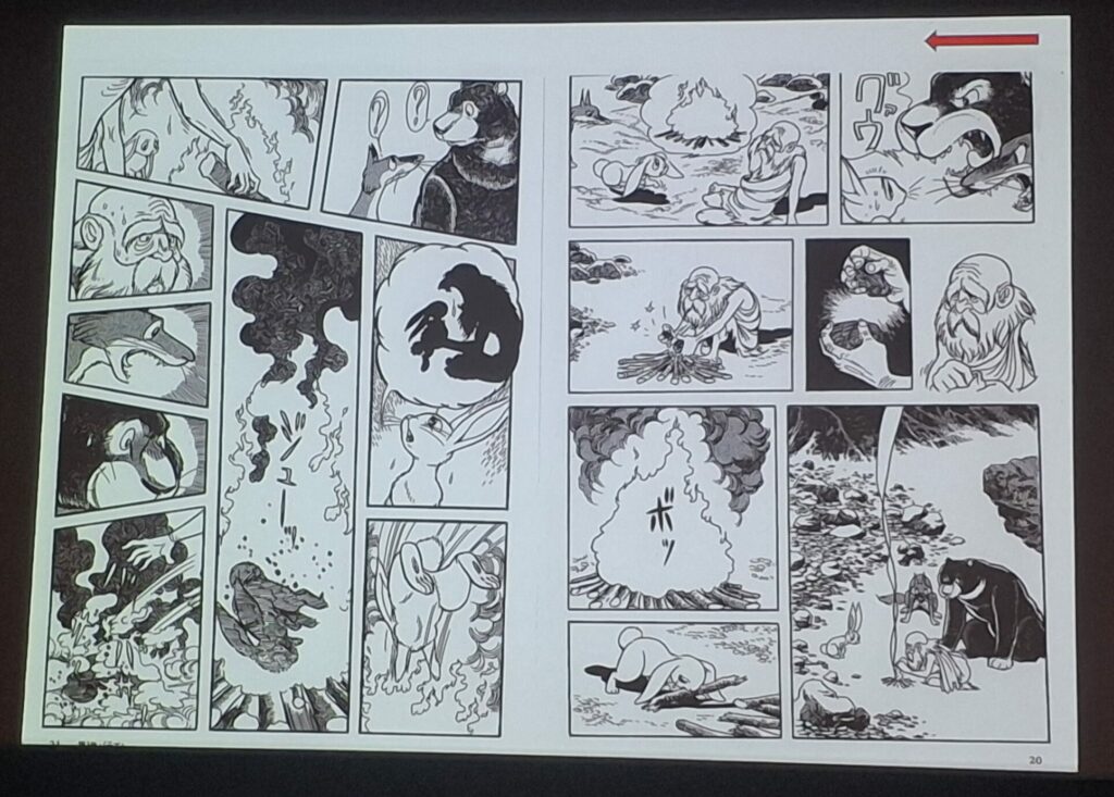 Premières pages de La Vie de Bouddha d'Osamu Tezuka illustrant le conte des origines du lapin sur la Lune