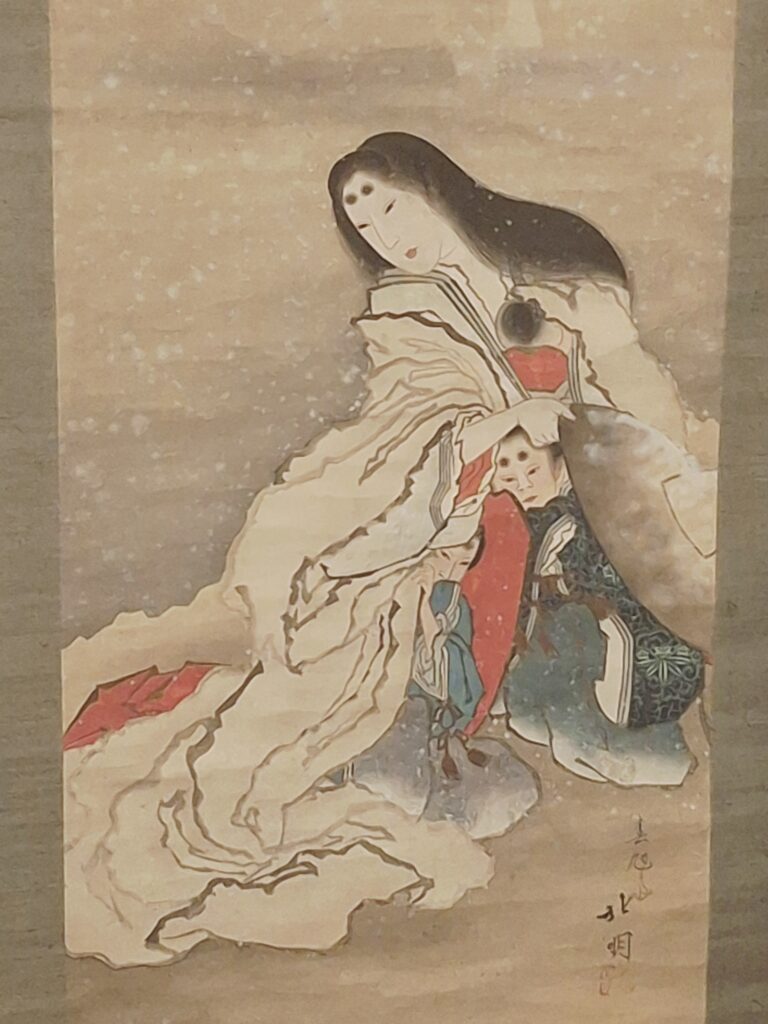 Tokiwa Gozen protégeant ses fils dans la neige par Shunkyokusai Hokumei ©David Maingot pour Journal du Japon