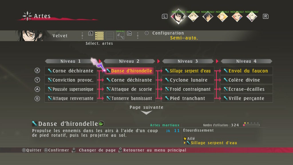 Menu personnage Velvet - Artes