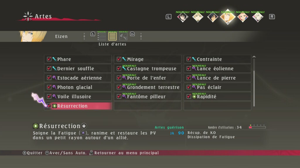 Menu personnage Eizen - Artes