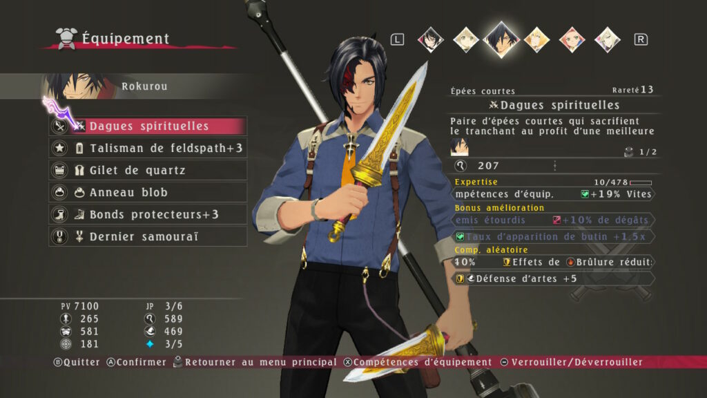 Menu équipement de Rokurou