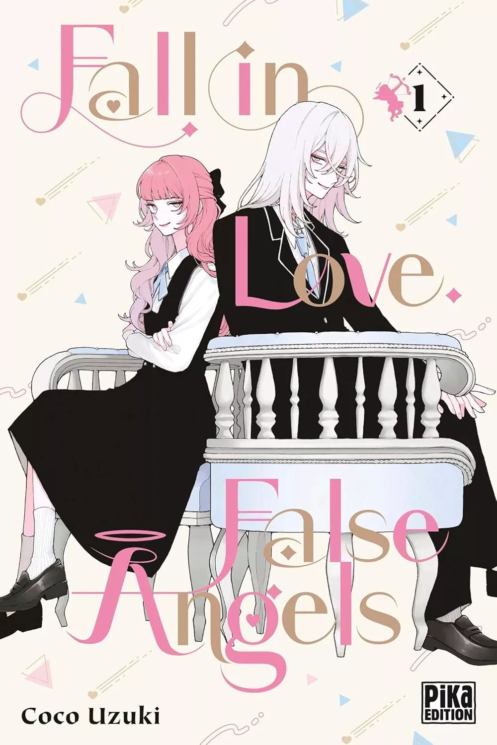 Couverture de Fall in love False angels, un garçon et une fille, tous les deux aux cheveux très longs, se tiennent assis dos à dos sur un banc