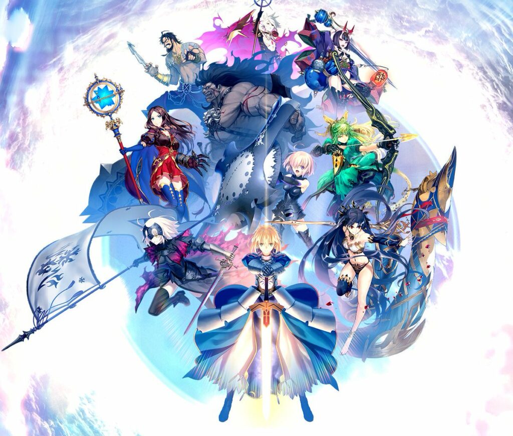Illustration officielle par Takeuchi Takashi, Simosi, Azusa, pako, B-suke, Honjō Raita, Morii Shizuki et Rin Kususaga © Fate/Grand Order, TYPE-MOON, Notes Co., Ltd. 2018.
Respectivement, du haut vers le bas
et de gauche à droite : Edward Teach (alias Barbe noire, pirate anglais), Karna (mythologie hindoue), Shuten Dōji (mythologie japonaise), Héraclès (mythologie grecque), Léonard Da Vinci (figure historique italienne), Mashu Kyrielight (personnage original), Atalante (mythologie grecque), Jeanne d’Arc Alter (figure historique française), Artoria Pendragon (alias Arthur Pendragon, chevalier de la Table ronde anglais) et Ishtar (mythologie mésopotamienne).