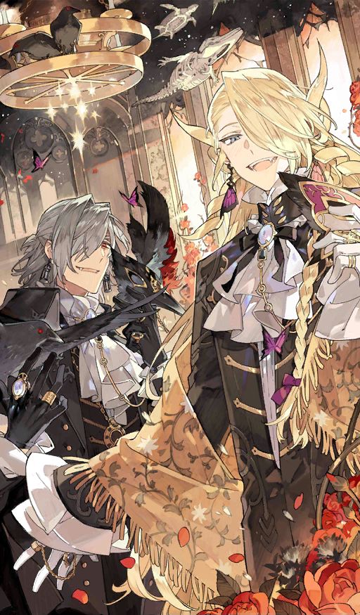 Illustration officielle représentant Antonio Salieri à gauche et Wolfgang Amadeus Mozart à droite, par STAR Shadow Magician © Fate/Grand Order, TYPE-MOON, Notes Co., Ltd.
