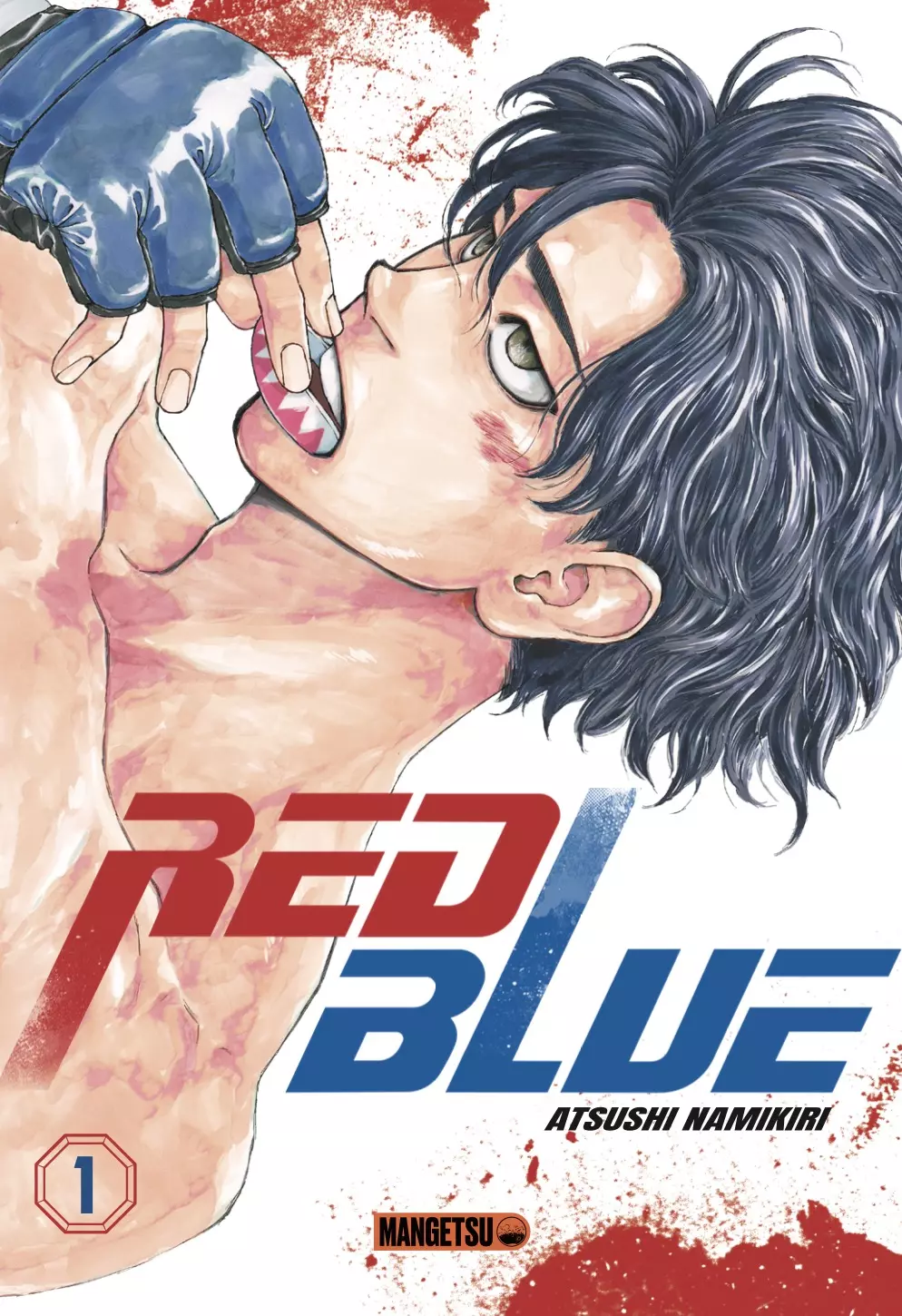 Couverture de Red Blue, un garçon torse nu approche un protège mâchoire de sa bouche