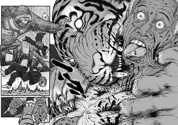 Double page montrant des animaux se rebellant contre des humains - Raion