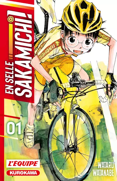 Couverture de En selle Sakamichi. Un garçon portant des lunettes et en tenue complète de cycliste jaune, pédale avec énergie