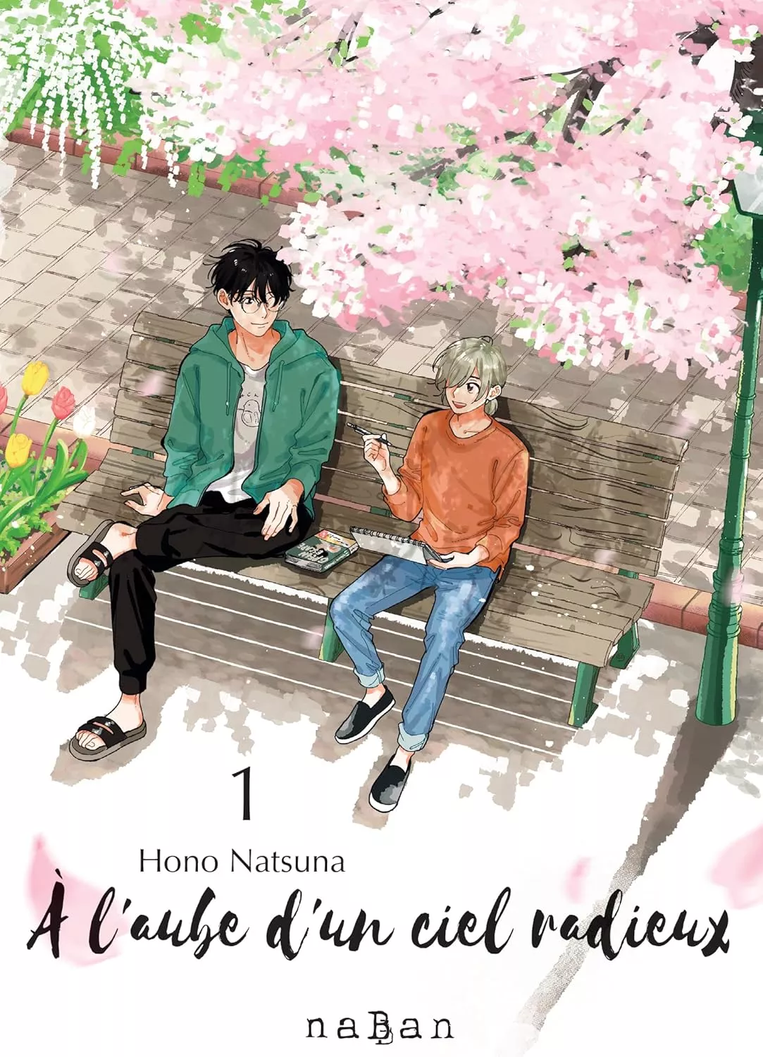 Couverture de A l'aube d'un ciel radieux, deux jeunes gens sont assis côte à coté sur un banc et discutent