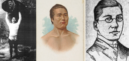 Montage consacré à Sorakichi Matsuda, pionnier oublié du puroresu, composé de trois images d’époque.