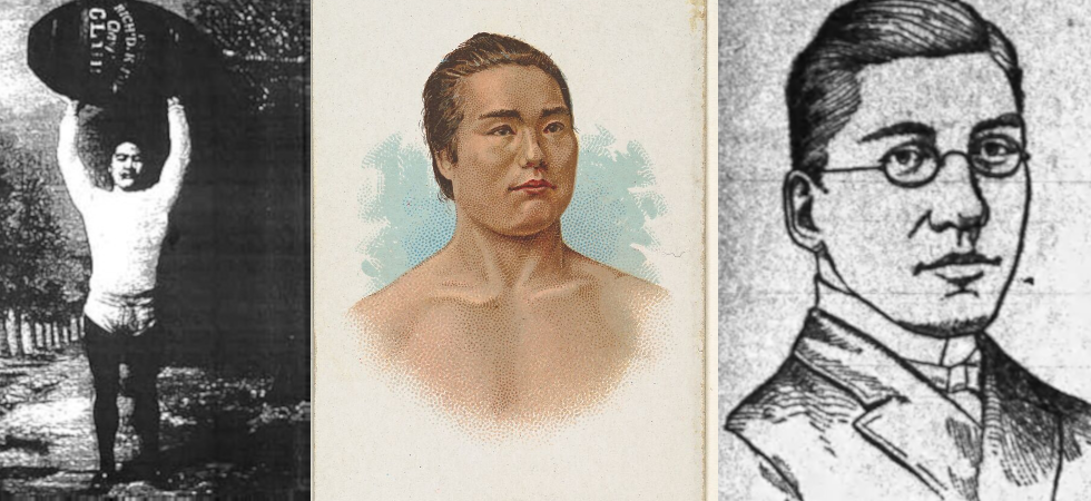 Montage consacré à Sorakichi Matsuda, pionnier oublié du puroresu, composé de trois images d’époque.