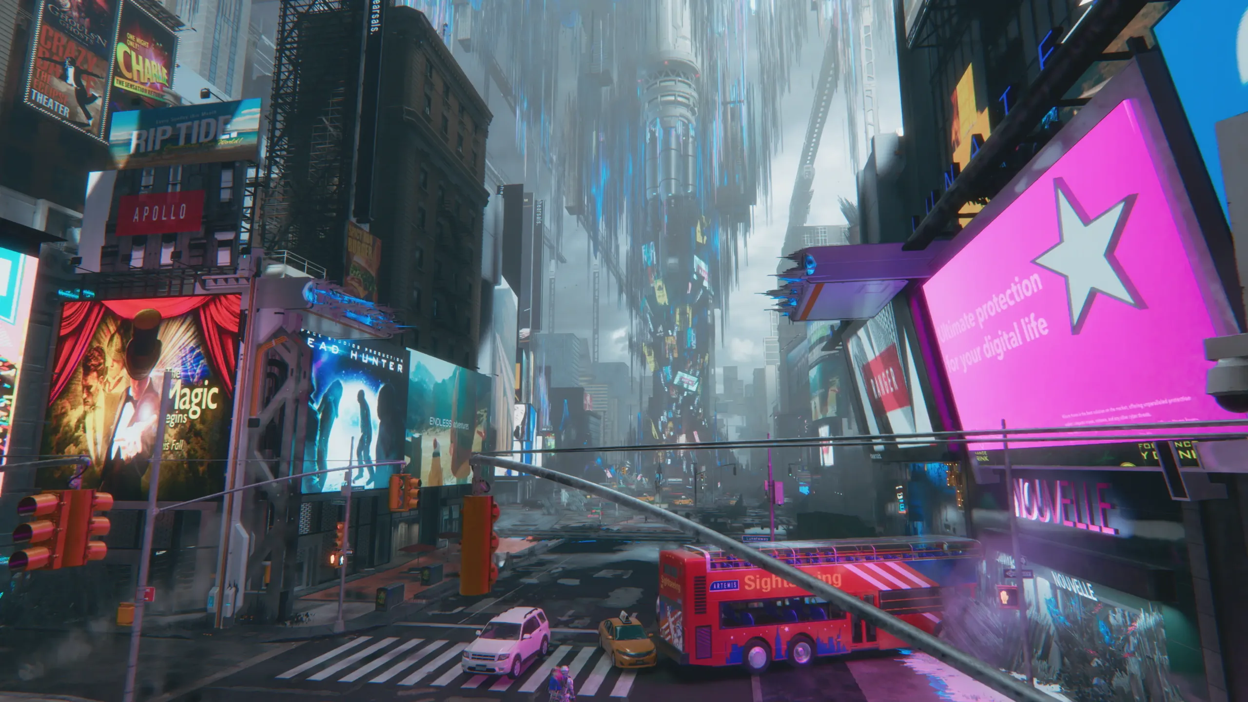 Reproduction glitchée de New York à l'intérieur de la station lunaire de Pragmata, détails architecturaux incohérents.